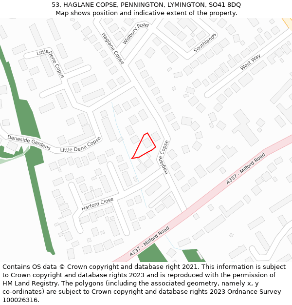 53, HAGLANE COPSE, PENNINGTON, LYMINGTON, SO41 8DQ: Location map and indicative extent of plot