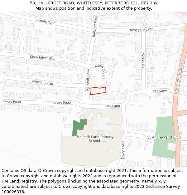 53, HALLCROFT ROAD, WHITTLESEY, PETERBOROUGH, PE7 1JW: Location map and indicative extent of plot