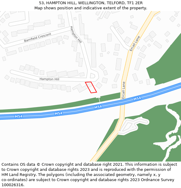 53, HAMPTON HILL, WELLINGTON, TELFORD, TF1 2ER: Location map and indicative extent of plot