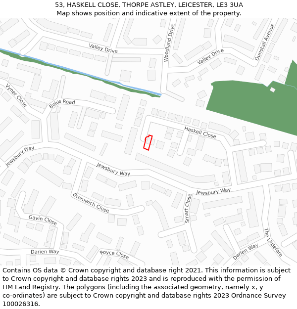 53, HASKELL CLOSE, THORPE ASTLEY, LEICESTER, LE3 3UA: Location map and indicative extent of plot