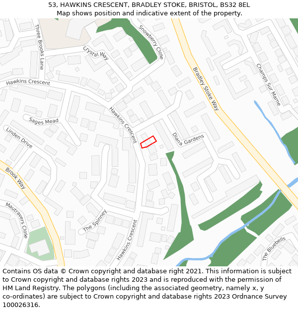 53, HAWKINS CRESCENT, BRADLEY STOKE, BRISTOL, BS32 8EL: Location map and indicative extent of plot