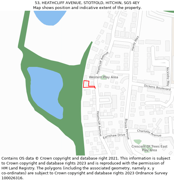 53, HEATHCLIFF AVENUE, STOTFOLD, HITCHIN, SG5 4EY: Location map and indicative extent of plot