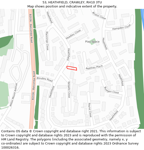 53, HEATHFIELD, CRAWLEY, RH10 3TU: Location map and indicative extent of plot