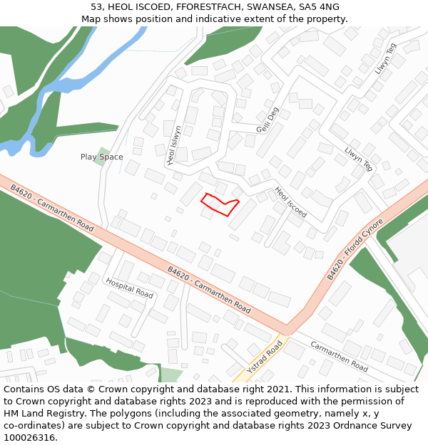 53, HEOL ISCOED, FFORESTFACH, SWANSEA, SA5 4NG: Location map and indicative extent of plot