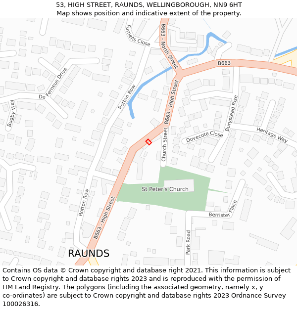 53, HIGH STREET, RAUNDS, WELLINGBOROUGH, NN9 6HT: Location map and indicative extent of plot