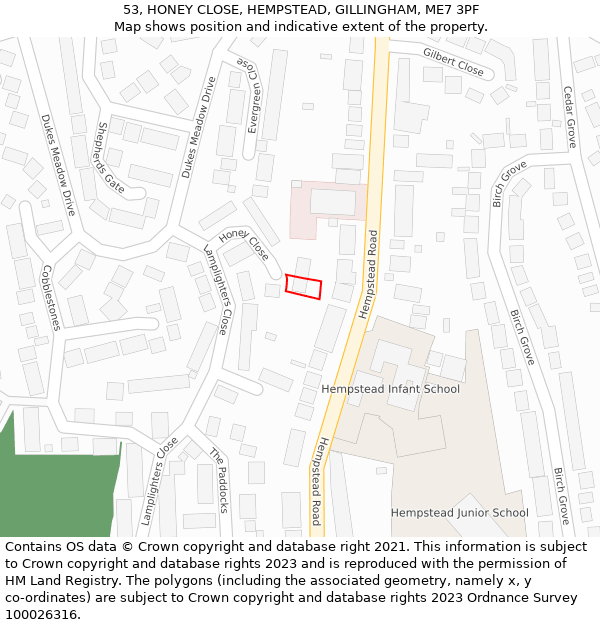 53, HONEY CLOSE, HEMPSTEAD, GILLINGHAM, ME7 3PF: Location map and indicative extent of plot