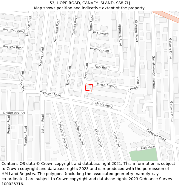 53, HOPE ROAD, CANVEY ISLAND, SS8 7LJ: Location map and indicative extent of plot