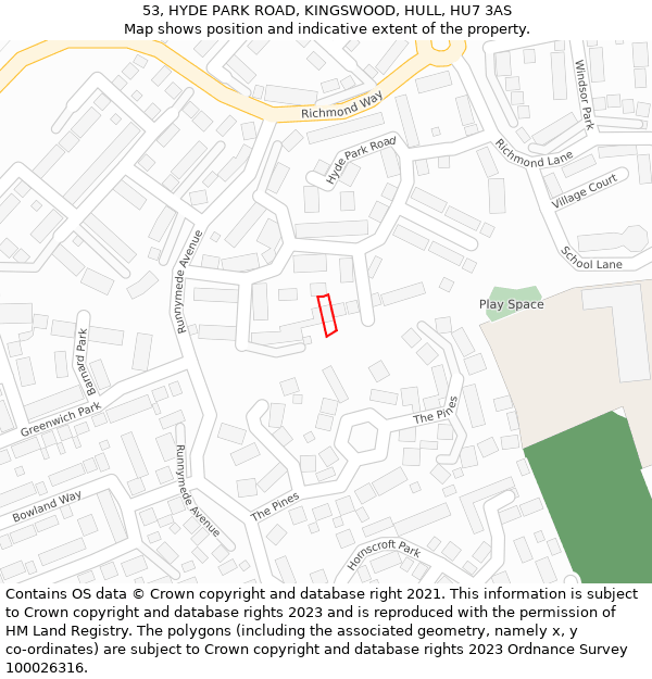 53, HYDE PARK ROAD, KINGSWOOD, HULL, HU7 3AS: Location map and indicative extent of plot