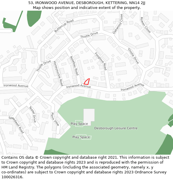 53, IRONWOOD AVENUE, DESBOROUGH, KETTERING, NN14 2JJ: Location map and indicative extent of plot
