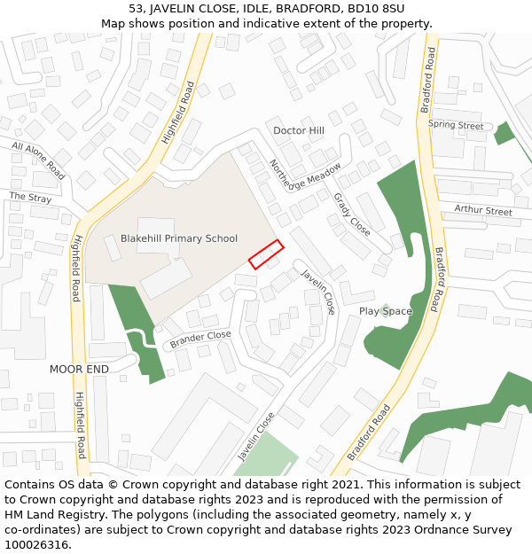 53, JAVELIN CLOSE, IDLE, BRADFORD, BD10 8SU: Location map and indicative extent of plot