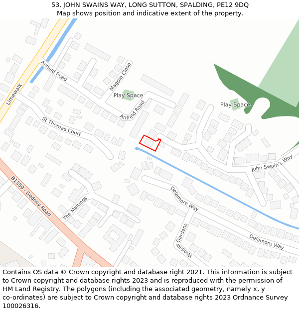 53, JOHN SWAINS WAY, LONG SUTTON, SPALDING, PE12 9DQ: Location map and indicative extent of plot
