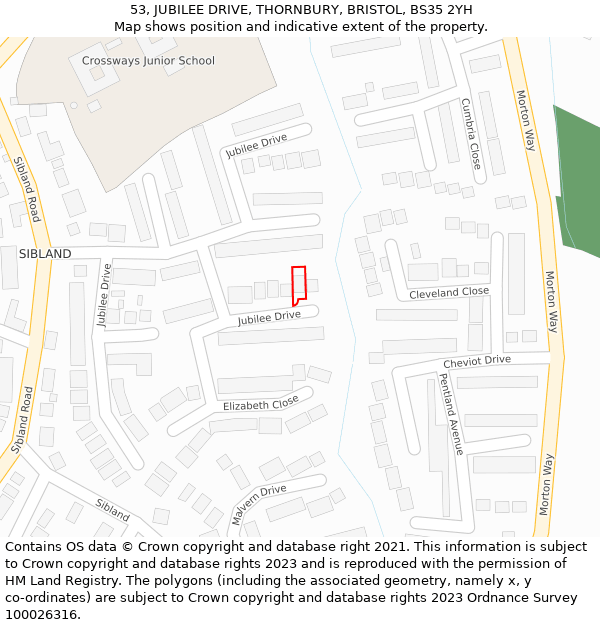 53, JUBILEE DRIVE, THORNBURY, BRISTOL, BS35 2YH: Location map and indicative extent of plot