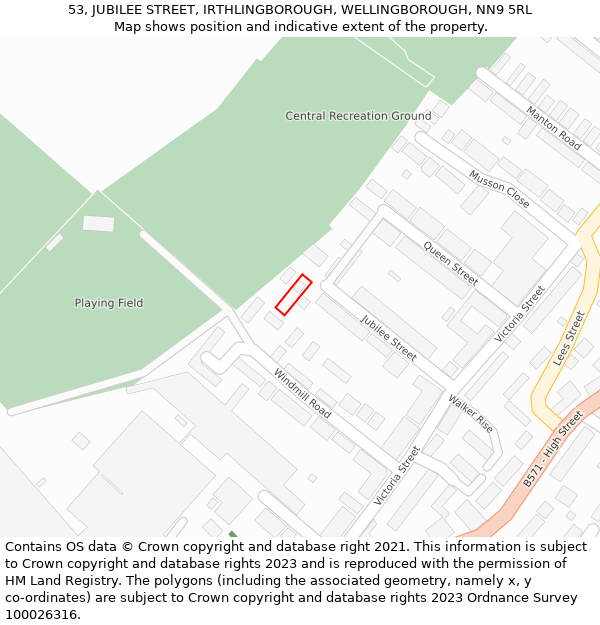 53, JUBILEE STREET, IRTHLINGBOROUGH, WELLINGBOROUGH, NN9 5RL: Location map and indicative extent of plot