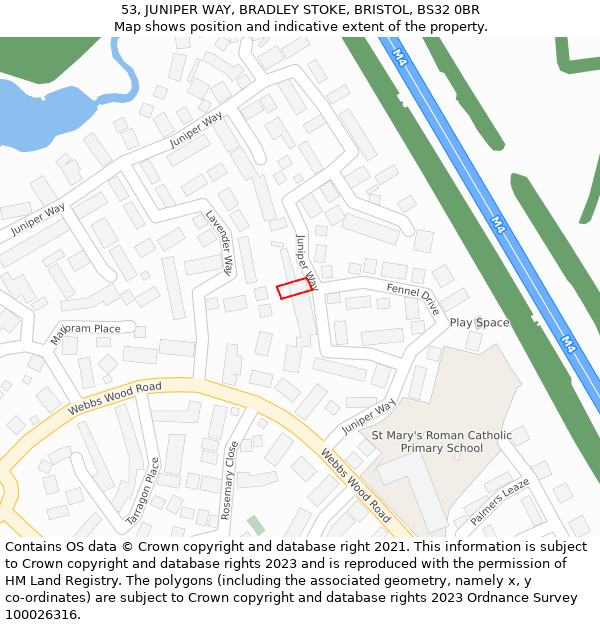 53, JUNIPER WAY, BRADLEY STOKE, BRISTOL, BS32 0BR: Location map and indicative extent of plot