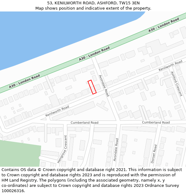 53, KENILWORTH ROAD, ASHFORD, TW15 3EN: Location map and indicative extent of plot