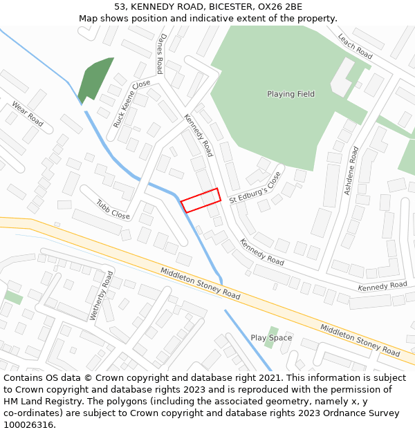 53, KENNEDY ROAD, BICESTER, OX26 2BE: Location map and indicative extent of plot