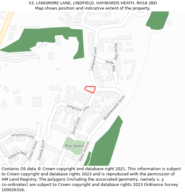 53, LANGMORE LANE, LINDFIELD, HAYWARDS HEATH, RH16 2BD: Location map and indicative extent of plot