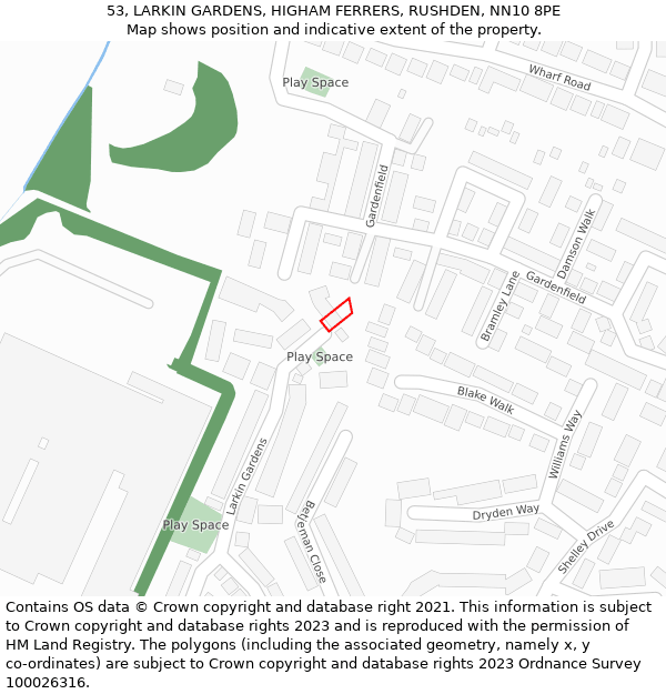 53, LARKIN GARDENS, HIGHAM FERRERS, RUSHDEN, NN10 8PE: Location map and indicative extent of plot