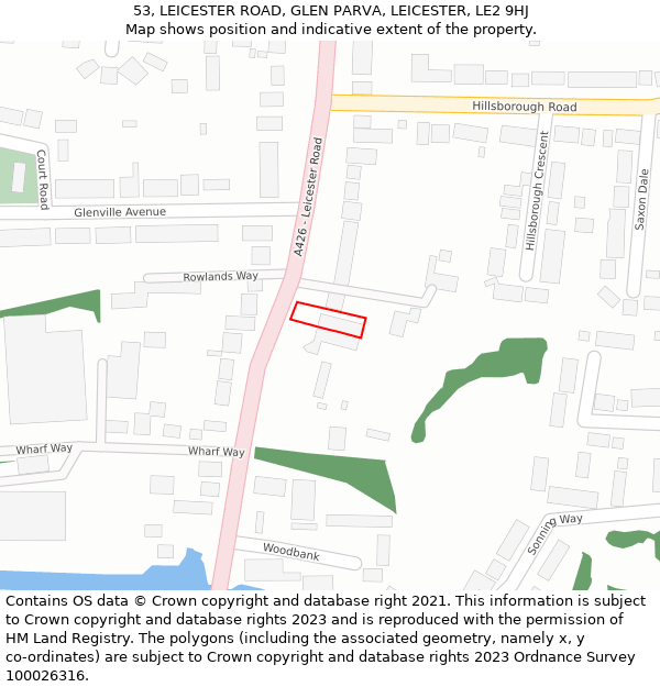 53, LEICESTER ROAD, GLEN PARVA, LEICESTER, LE2 9HJ: Location map and indicative extent of plot