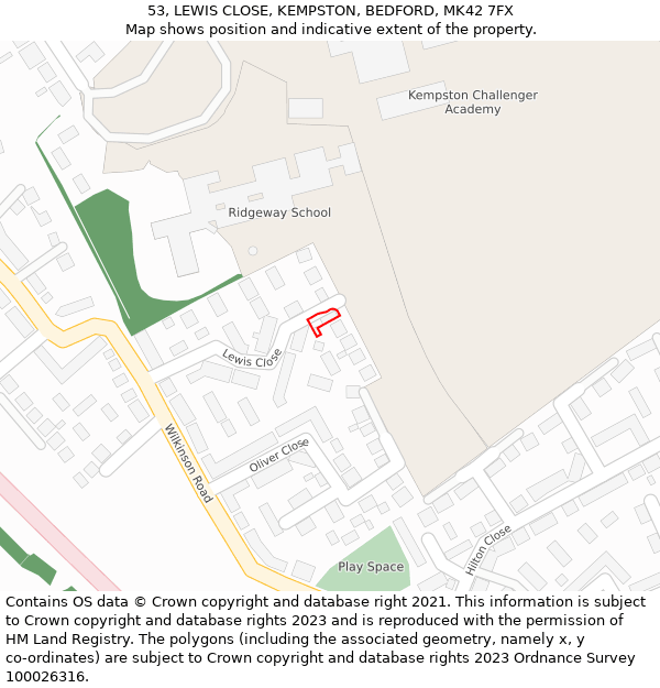 53, LEWIS CLOSE, KEMPSTON, BEDFORD, MK42 7FX: Location map and indicative extent of plot