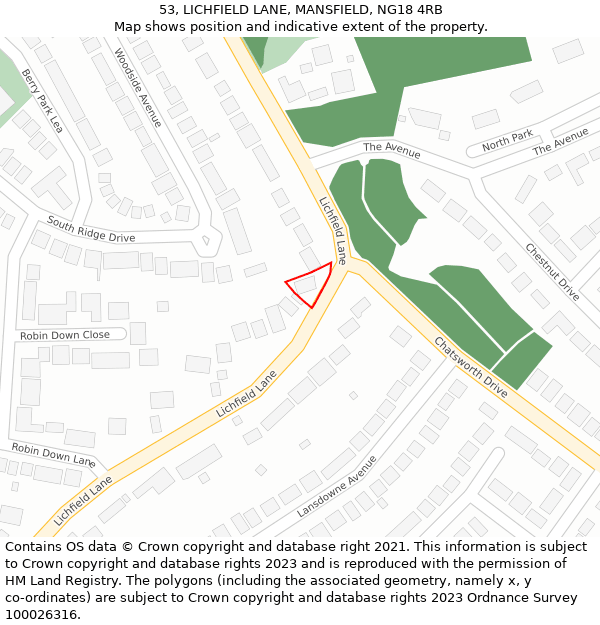 53, LICHFIELD LANE, MANSFIELD, NG18 4RB: Location map and indicative extent of plot