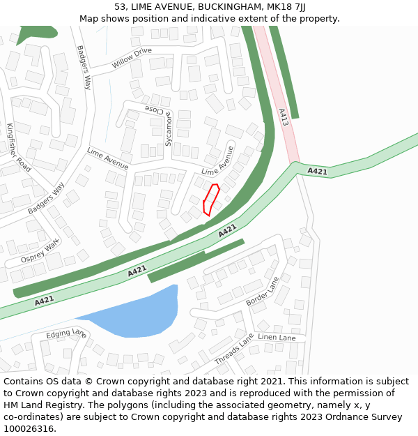 53, LIME AVENUE, BUCKINGHAM, MK18 7JJ: Location map and indicative extent of plot