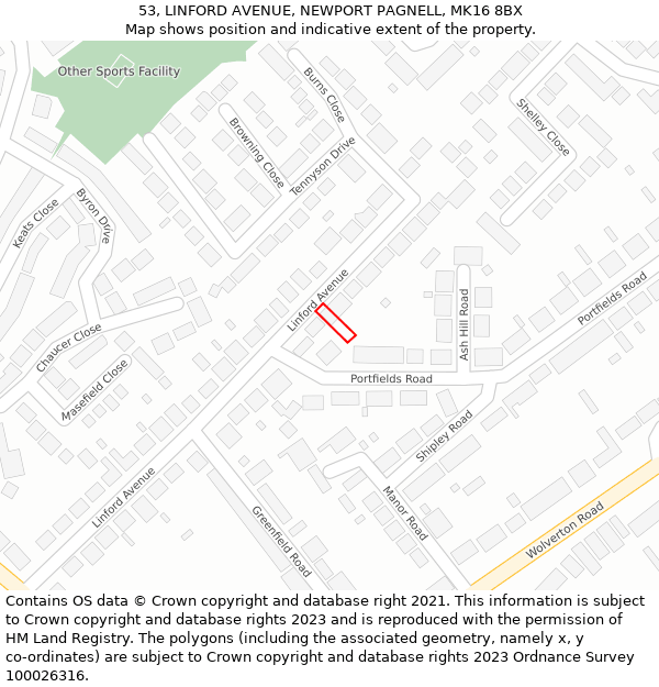 53, LINFORD AVENUE, NEWPORT PAGNELL, MK16 8BX: Location map and indicative extent of plot