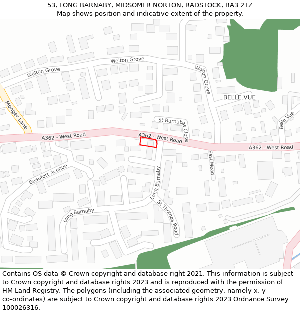 53, LONG BARNABY, MIDSOMER NORTON, RADSTOCK, BA3 2TZ: Location map and indicative extent of plot