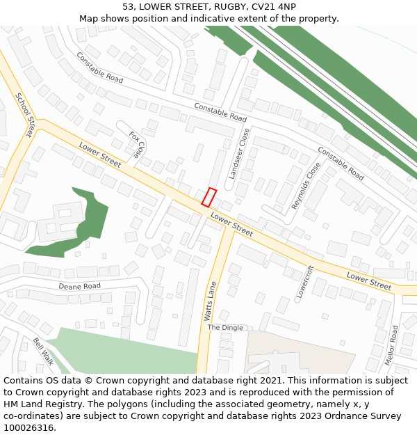 53, LOWER STREET, RUGBY, CV21 4NP: Location map and indicative extent of plot