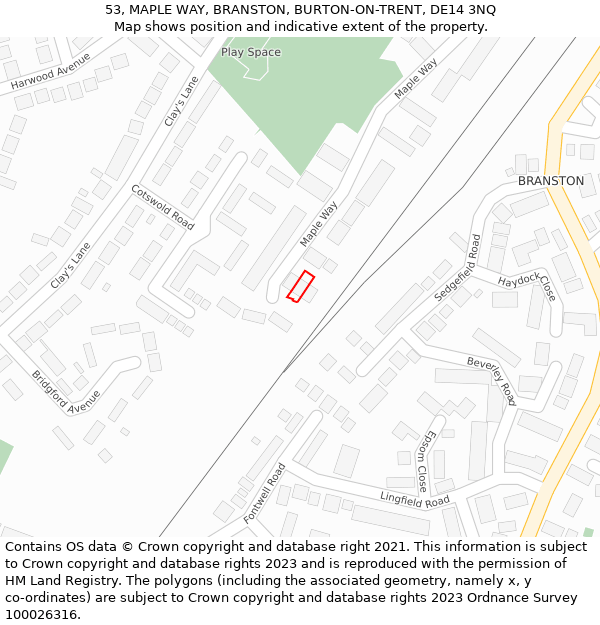 53, MAPLE WAY, BRANSTON, BURTON-ON-TRENT, DE14 3NQ: Location map and indicative extent of plot