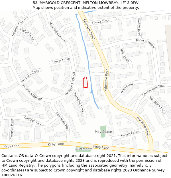 53, MARIGOLD CRESCENT, MELTON MOWBRAY, LE13 0FW: Location map and indicative extent of plot