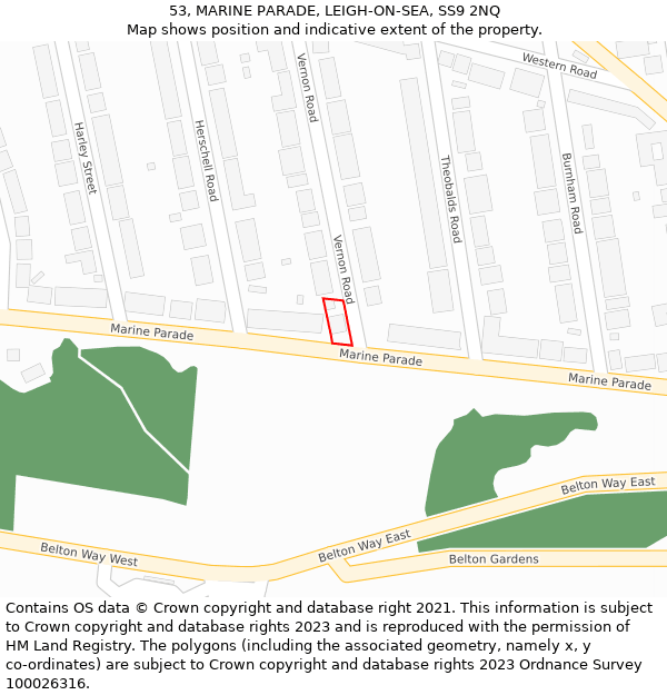 53, MARINE PARADE, LEIGH-ON-SEA, SS9 2NQ: Location map and indicative extent of plot
