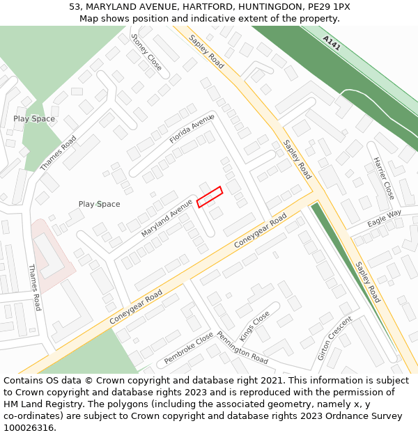 53, MARYLAND AVENUE, HARTFORD, HUNTINGDON, PE29 1PX: Location map and indicative extent of plot