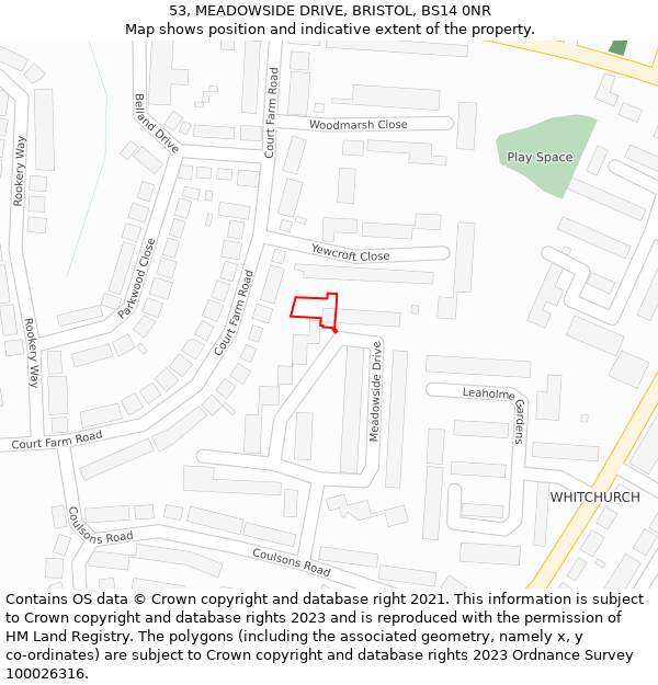 53, MEADOWSIDE DRIVE, BRISTOL, BS14 0NR: Location map and indicative extent of plot