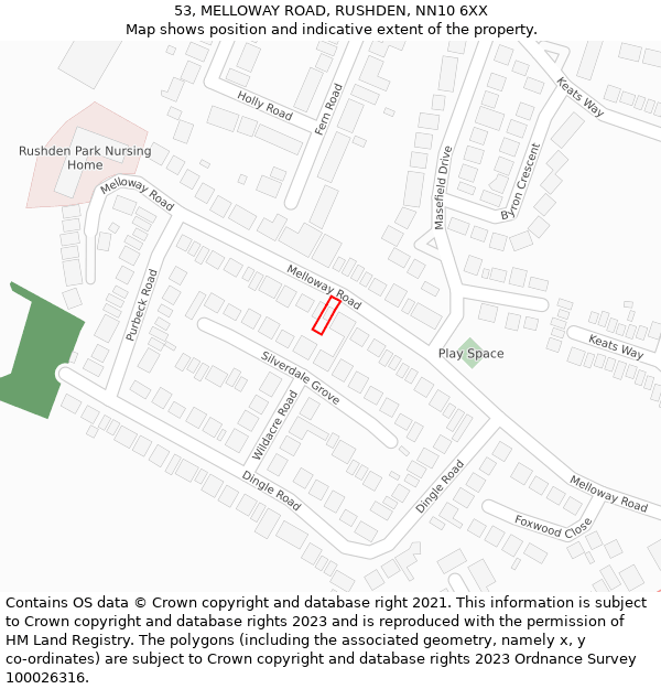 53, MELLOWAY ROAD, RUSHDEN, NN10 6XX: Location map and indicative extent of plot