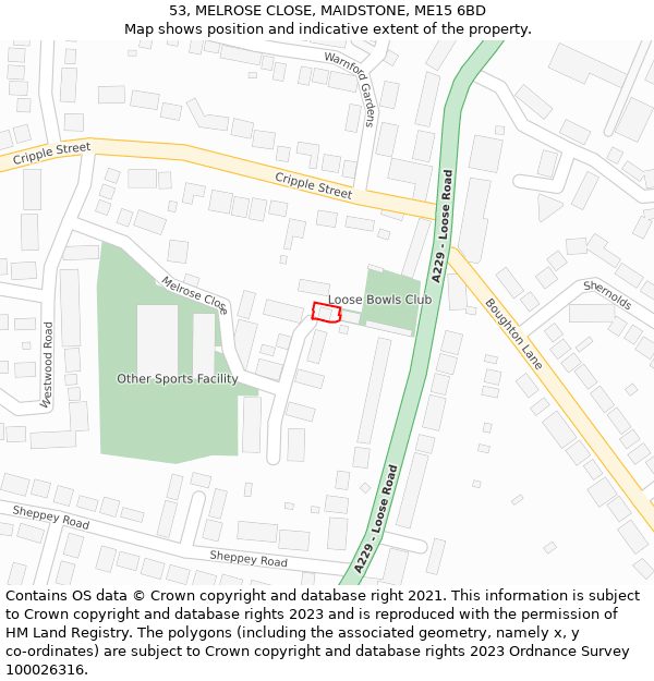 53, MELROSE CLOSE, MAIDSTONE, ME15 6BD: Location map and indicative extent of plot