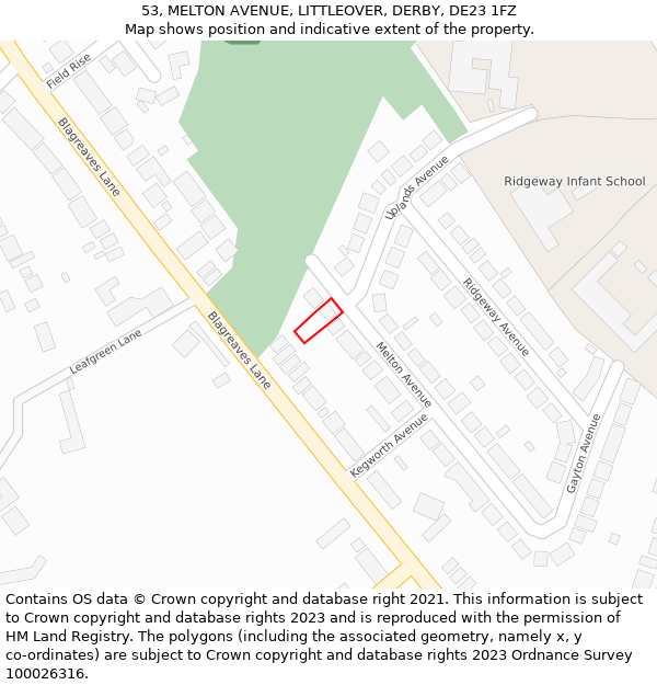 53, MELTON AVENUE, LITTLEOVER, DERBY, DE23 1FZ: Location map and indicative extent of plot