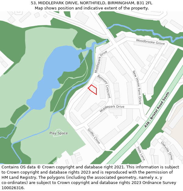 53, MIDDLEPARK DRIVE, NORTHFIELD, BIRMINGHAM, B31 2FL: Location map and indicative extent of plot