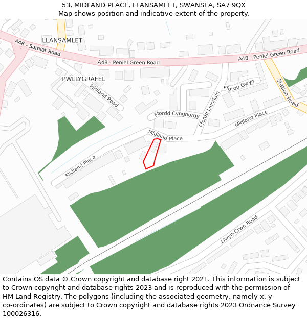 53, MIDLAND PLACE, LLANSAMLET, SWANSEA, SA7 9QX: Location map and indicative extent of plot