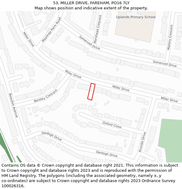 53, MILLER DRIVE, FAREHAM, PO16 7LY: Location map and indicative extent of plot