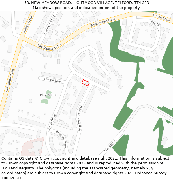 53, NEW MEADOW ROAD, LIGHTMOOR VILLAGE, TELFORD, TF4 3FD: Location map and indicative extent of plot