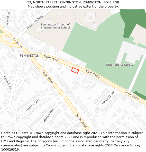 53, NORTH STREET, PENNINGTON, LYMINGTON, SO41 8GB: Location map and indicative extent of plot