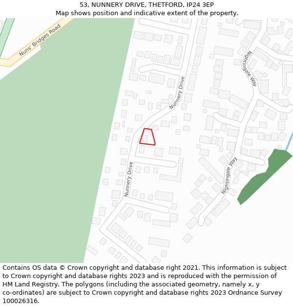 53, NUNNERY DRIVE, THETFORD, IP24 3EP: Location map and indicative extent of plot