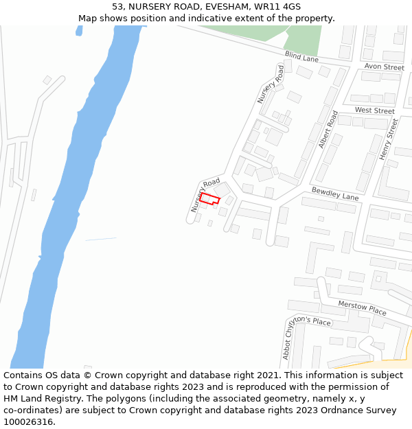 53, NURSERY ROAD, EVESHAM, WR11 4GS: Location map and indicative extent of plot