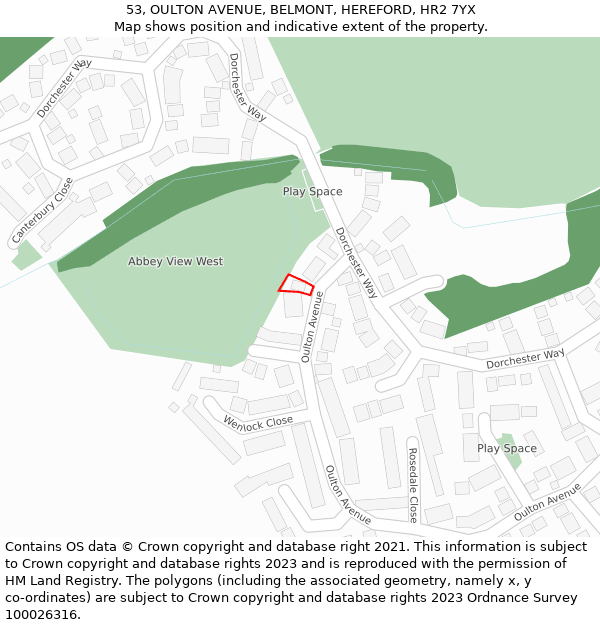 53, OULTON AVENUE, BELMONT, HEREFORD, HR2 7YX: Location map and indicative extent of plot