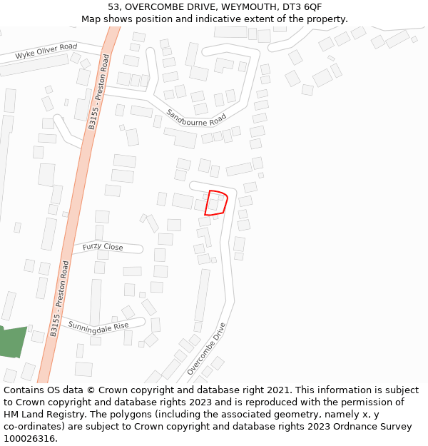 53, OVERCOMBE DRIVE, WEYMOUTH, DT3 6QF: Location map and indicative extent of plot