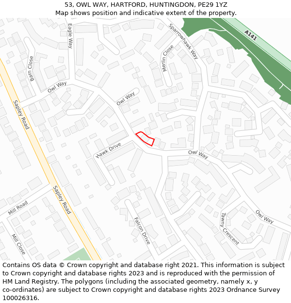 53, OWL WAY, HARTFORD, HUNTINGDON, PE29 1YZ: Location map and indicative extent of plot