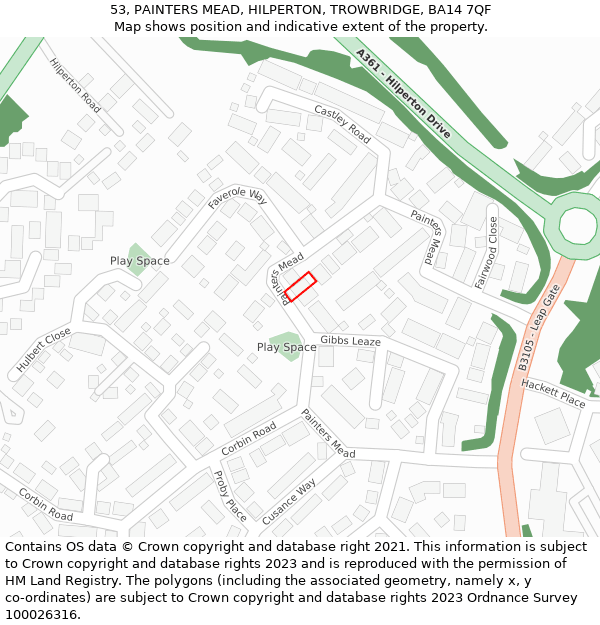 53, PAINTERS MEAD, HILPERTON, TROWBRIDGE, BA14 7QF: Location map and indicative extent of plot