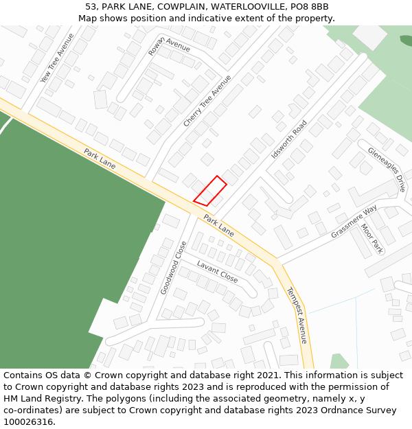 53, PARK LANE, COWPLAIN, WATERLOOVILLE, PO8 8BB: Location map and indicative extent of plot