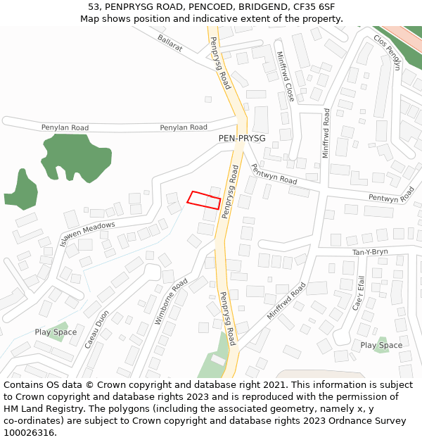 53, PENPRYSG ROAD, PENCOED, BRIDGEND, CF35 6SF: Location map and indicative extent of plot